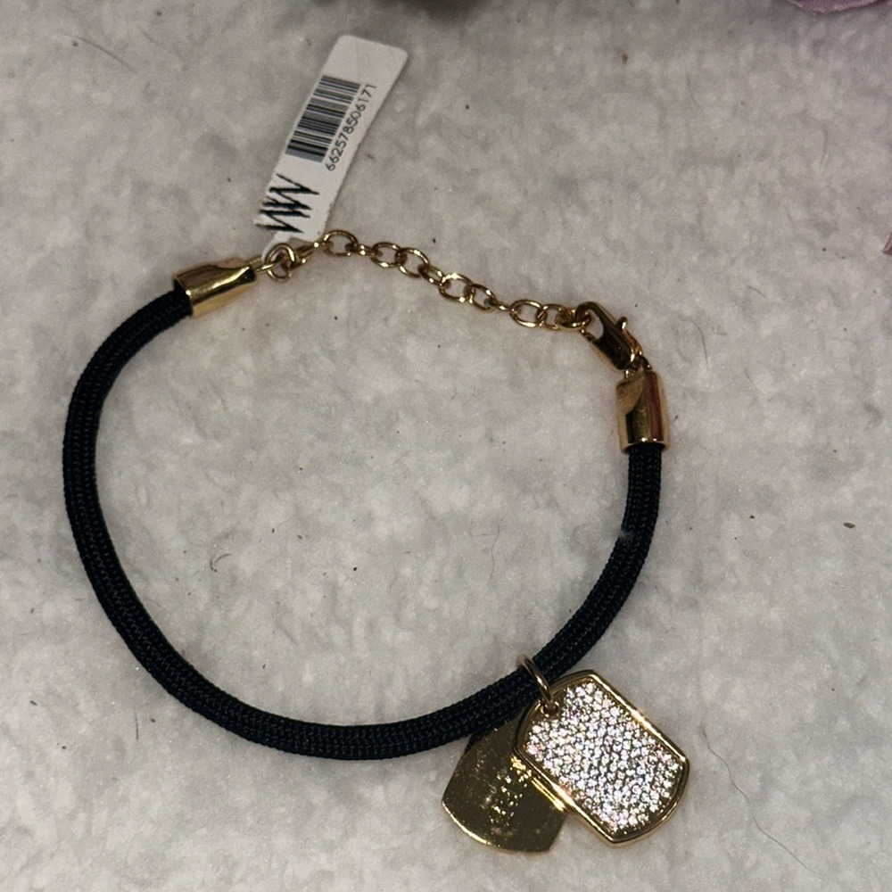Stella Valle Aspire Black Cord Bracelet Gold Tone Crystal Dog Tag Charms NWT